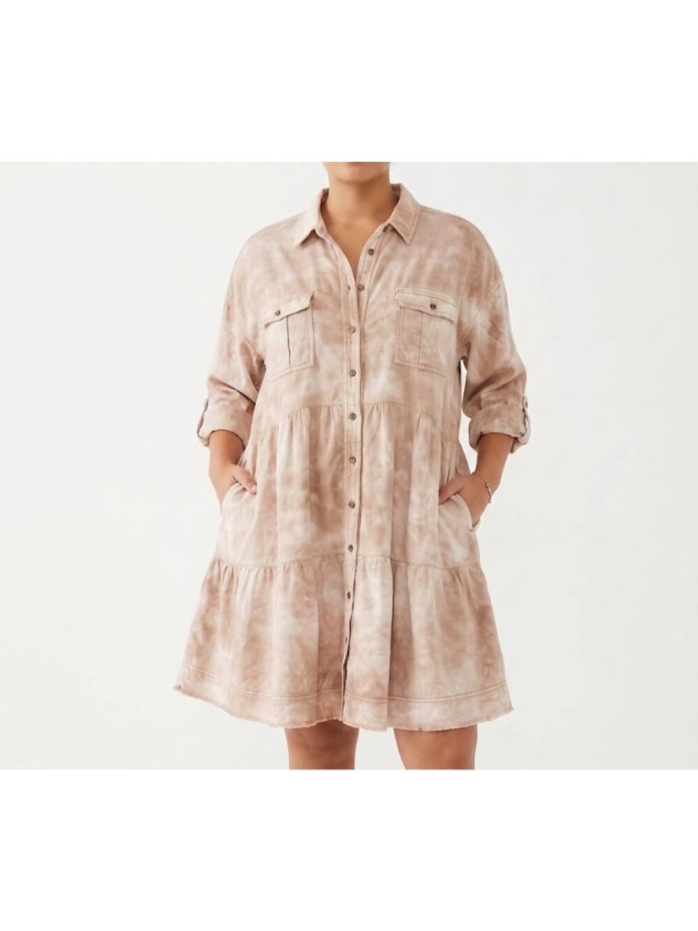 Pilcro Women’s Tie-Dye Button-Down Long-Sleeve Shirtdress Pockets L Beige Cream